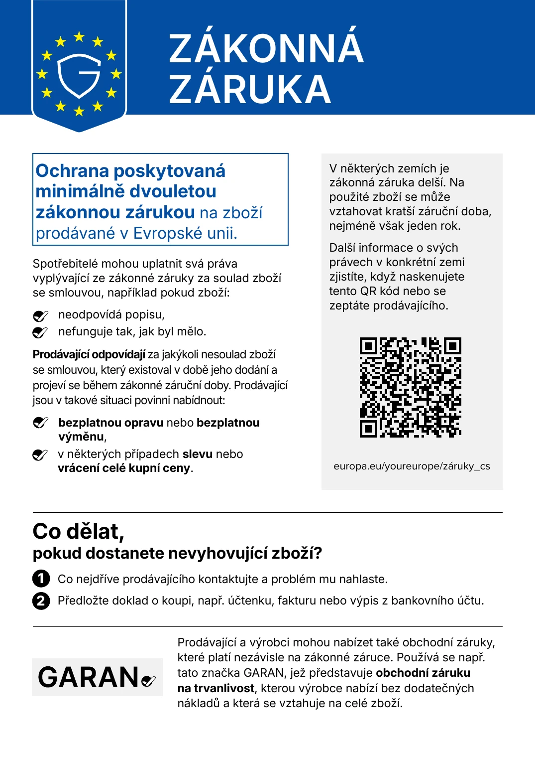 Harmonizované oznámení EU o zákonné záruce (minimálně 2 roky)