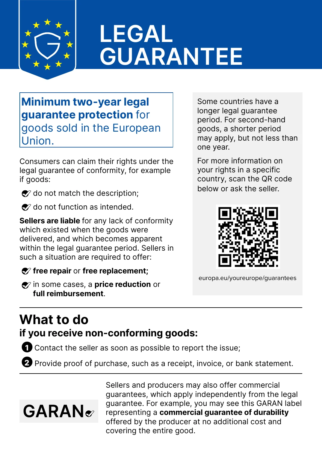 EU harmonised notice on the legal guarantee of conformity (minimum 2 years)