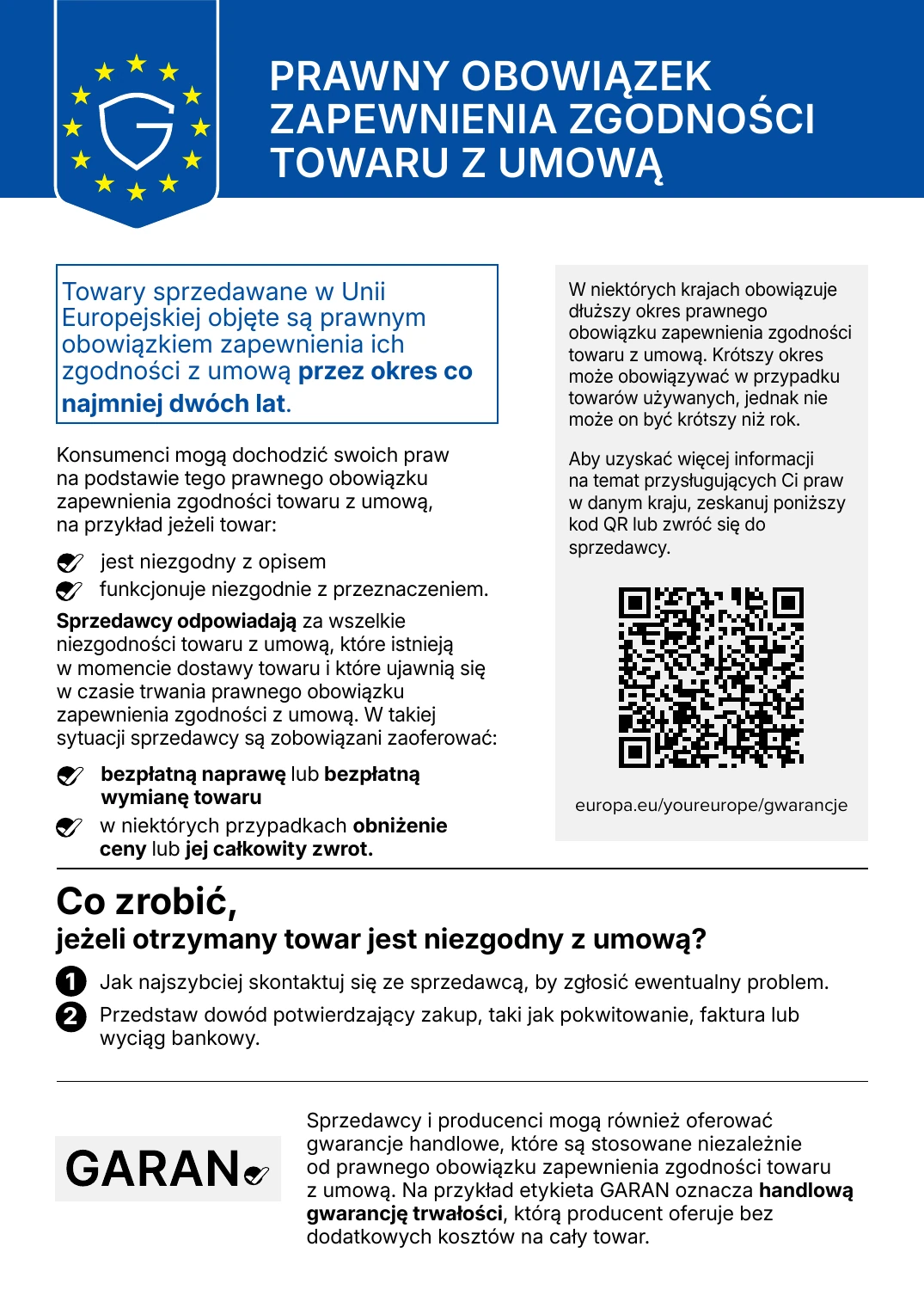 Zharmonizowana informacja UE o prawnym obowiązku zapewnienia zgodności towaru z umową (minimum 2 lata)